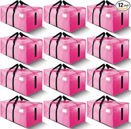 HOMESURE Supports 200lbs Heavy Duty Moving Bags - Strong Zipper & Wrap-Around Handles - Water-Resistant Storage Totes, Durable Alternative to Moving Boxes - 12 Pack - Pink