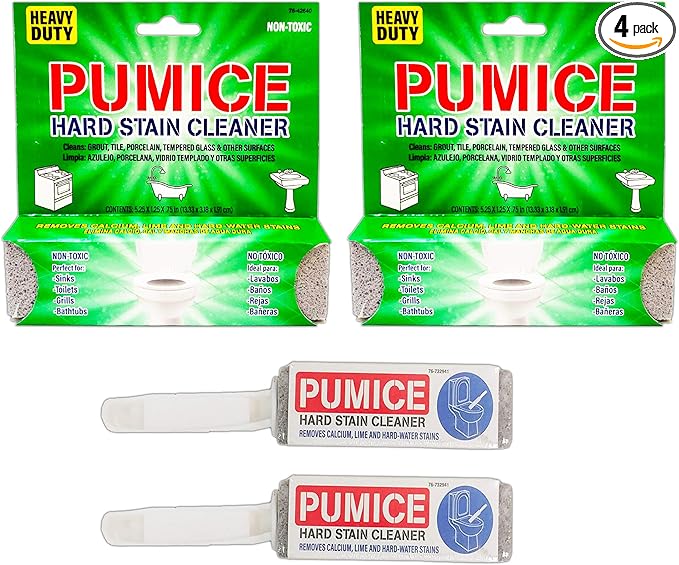 Pumice Toilet Bowl Ring Remover 4 Pack - 2 Pumice Stones with Handle and 2 Heavy Duty Pumice Scrubber Sticks, Removes Stains in Toilets Sinks, Tubs, Showers, Pools, Safe for Porcelain (Pro 4 Pack)