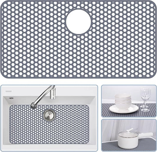 Silicone Sink Protectors for Kitchen Sink with Rear Drain - 28.3"x 15.7" Kitchen Protector Accessory, Non-Slip Heat Resistan Mat for Bottom of Farmhouse Stainless Steel Porcelain(Gray)