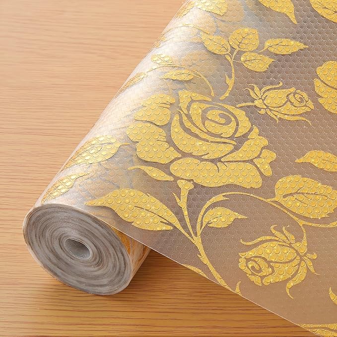 INNOLITES Shelf Liner for Cabinets, Non-Adhesive for Kitchen Drawer Liner, Waterproof Shelf Paper with Floral Pattern, Durable Easy to Clean (Golden Rose, 17.5" x 197")