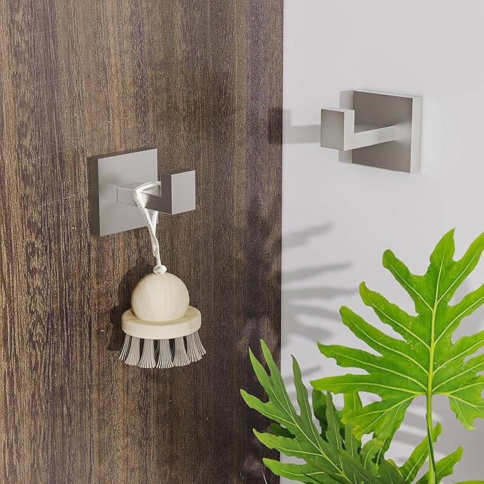 Ruacq Towel Hooks for Bathrooms, Heavy Duty Stainless Steel Square Bathroom Hooks, Wall Mounted Towel Hanger for Robe & Coat, Ideal for Kitchen, Bedroom, and Hotel Use(Brushed Nickel, 2 Pack)