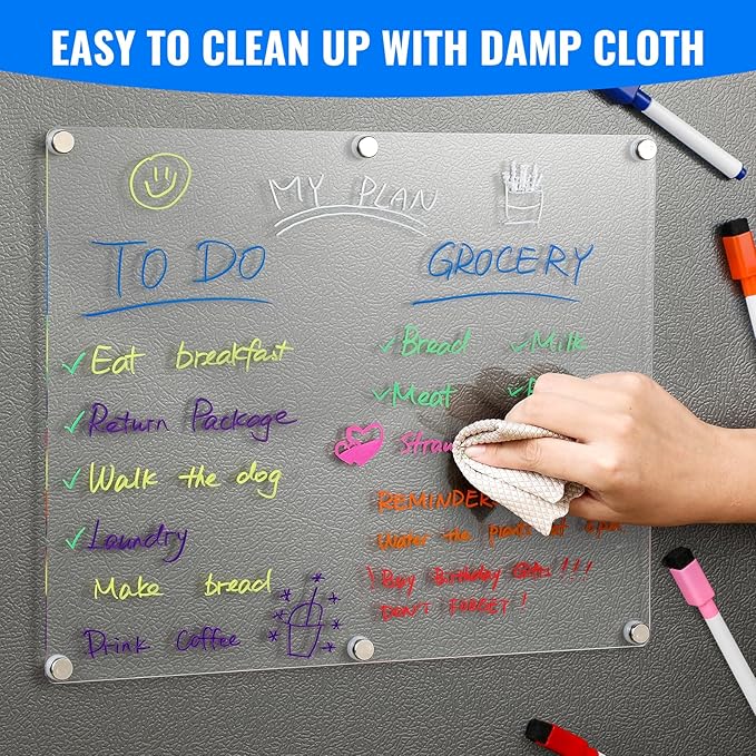 Acrylic Magnetic Whiteboard for Fridge, Clear Dry Erase Memo Board for Refrigerator with 8 Markers, Magnetic Planning Menu Board for to Do List/Shopping List, Meal Planner for Kitchen, 14.5 * 11.5''