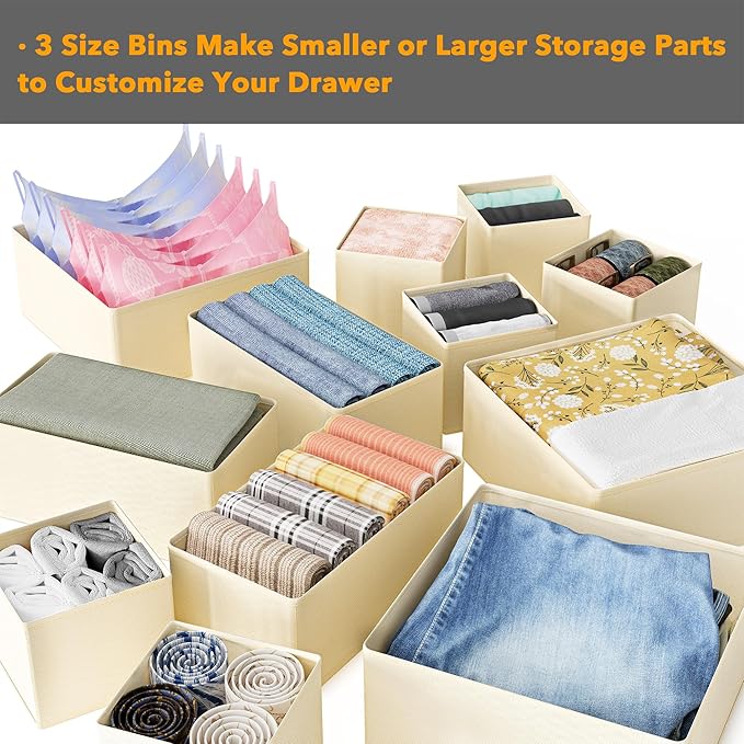 SpaceAid Drawer Organizer Clothes, 12 Pack Dresser Organizer Bins for Nursery, Closet Organization and Storage Dividers for Clothing, Baby Clothes, Underwear, Socks (Beige)