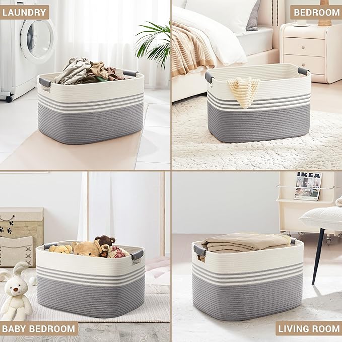 SunNewt 86L Extra Large Laundry Basket with Leather Handles for Living Room Storage, Woven Rope Baskets for Blanket, Kids Toy, Gifts, Wicker Hamper for Bedroom Dirty Clothes, 24"x16"x14" White Grey