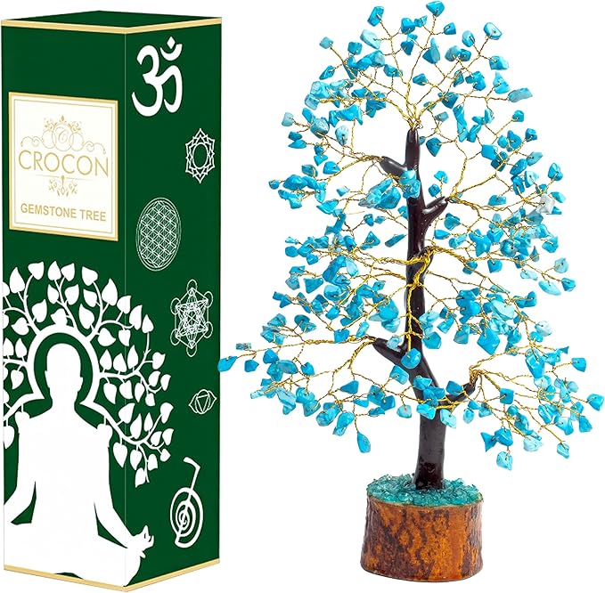 Crocon Turquoise Gemstone Tree Feng Shui Figurine Money Bonsai Good Luck Chakra Balancing Reiki Healing Crystals Decoration Ornament Sculpture Prosperity Table Decor Gift Size 10-12"""