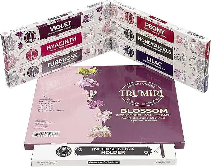 Blossom Incense Sticks Variety Pack - 120 Insence-Sticks (6 Incents x 20 Insense) - Peony Honeysuckle Lilac Violet Hyacinth Tuberose - Natural Inscents-Sticks Non Toxic Incienso + Stick Incense Holder