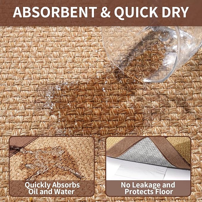 YDKGL Kitchen Runner Rugs Non Slip Washable, Super Absorbent Kitchen Mats for Floor, Rubber Backing Jute-Like Braid Long Sink Mat Standing Floor Mat, Machine Washable, Brown 17"x59"