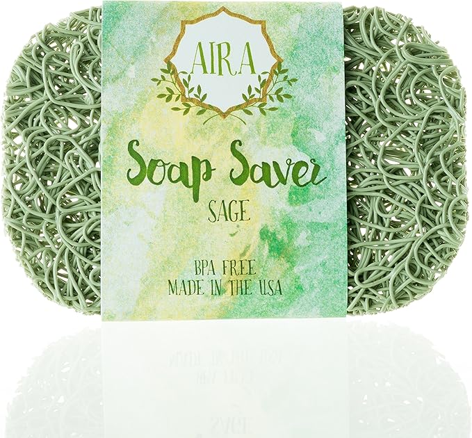 Aira Soap Saver - Soap Dish & Soap Holder Accessory - BPA Free Shower & Bath Cleanser Holder - USA Made - Drains Water, Circulates Air, Extends Life - Easy to Clean, Fits All Dish Sets - Sage