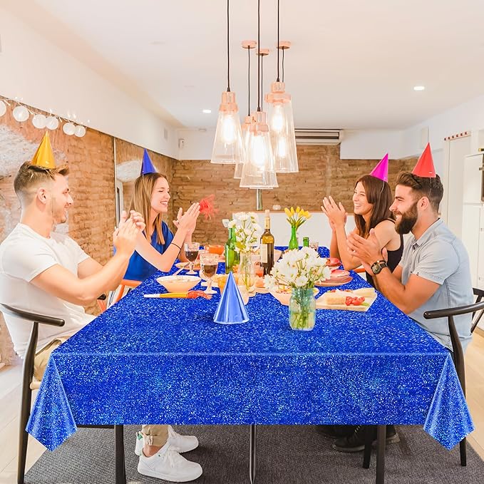 Sparkling Holographic Laser Tablecloth - Shimmering, Waterproof, Easy to Clean - Ideal for Bachelorette, Birthday, Wedding, and Anniversary Party Decorations (Dark Blue & Red & Silver, 3)