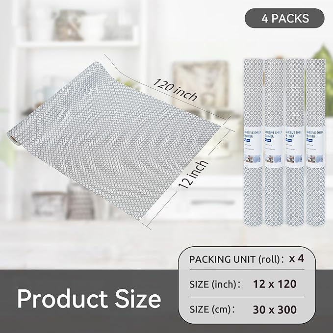FIFTY FEET 12"x120" Non-Adhesive Shelf Liner for Kitchen Cabinets and Drawers, Washable Non-Slip PVC Cabinet Liner (Black Circle)(4 Roll)