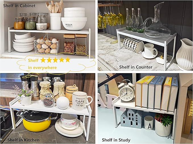 Expandable Cabinet Shelf Organizer 16-26" L Stackable Kitchen Counter Shelf Rack Stand Sink Riser Countertop Storage White (Normal 7.9"D)