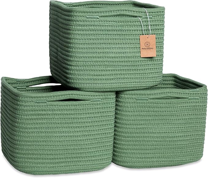 NaturalCozy Storage Cubes 9”x9”x7” Cotton Rope Woven Baskets for Organizing 3-Pack | 9 Inch Cube Storage Bin | Small Basket for Shelf Nursery, Pantry, Decorative Plant, Bathroom Closet, Toy Gift