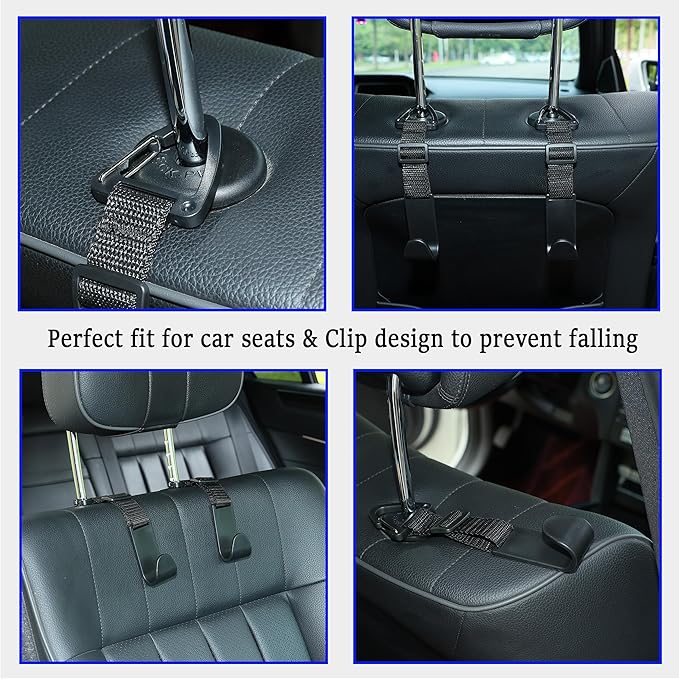 Amooca Headrest Hooks for Car, Adjustable 4 Pack Vehicle Seat Back Organizer Storage Hanger Holder for Purse Bags, Universal Fit with Clip, Black