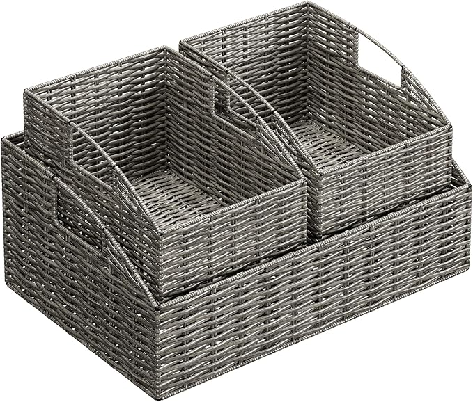 Ollieroo Rattan Storage Baskets, Handwoven Wicker Storage Bins with Built-in Handles, Storage Container Baskets for Shelves, Bedroom, Bathroom, Laundry Room or Kitchen (Grey)