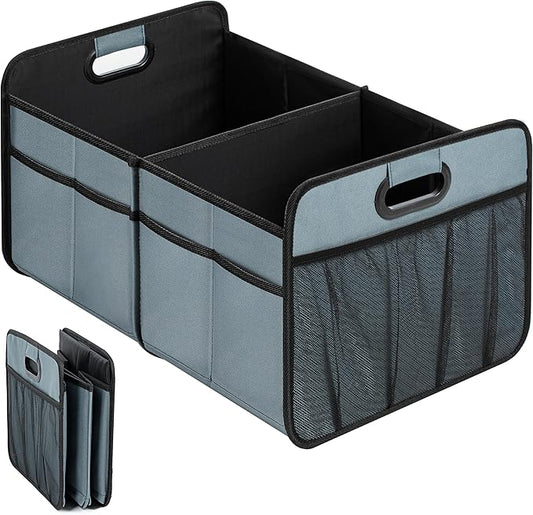 Simple Deluxe Car Trunk Organizer for SUV, Collapsible 2 Compartment 50L Automotive Storage Box with 5 Pocket, 600D Waterproof Oxford Polyester & Non Slip Bottom, Reinforced Handle, Grey-Green