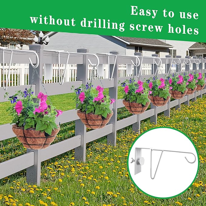 moonoom 4 Pcs Adjustable Vinyl Fence Hooks, Patio Hangers Decorative White Powder Coated Steel Fence Hangers Suitable for Hanging Plants,Lights,Basket (4pcs White)