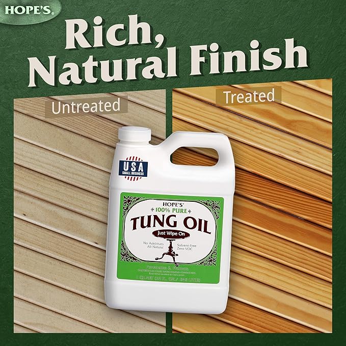 HOPE'S 100% Pure Tung Oil, Food Safe, Premium Waterproof Natural Wood Finish and Sealer for Indoor and Outdoor Projects, 32 Fl Oz, 2 Pack