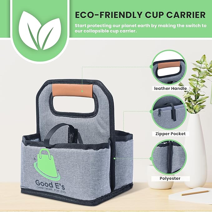 Good E's 4 Cup Reusable Coffee Cup Carrier for Delivery, Insulated, Waterproof, Portable Tote Bag Drink Holder with Leather Handle Organizer for Cold/Hot Beverages (16oz to 24oz)