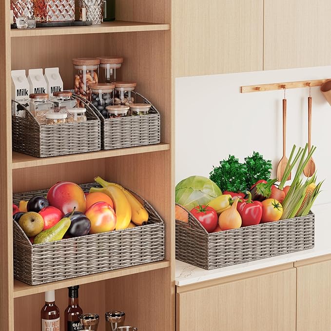 Ollieroo Rattan Storage Baskets, Handwoven Wicker Storage Bins with Built-in Handles, Storage Container Baskets for Shelves, Bedroom, Bathroom, Laundry Room or Kitchen (Grey)