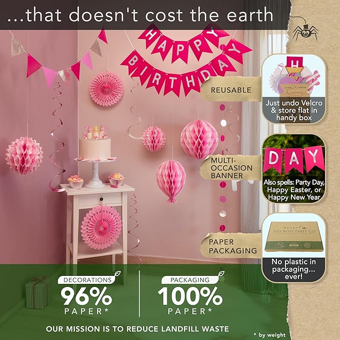 Premium Reusable Happy Birthday Decorations for Women and Girls Pink Party Decorations, Multi-occasion Banner, Pennant Banner, Paper Fans - Party Decor by Itsy Bitsy Party Co