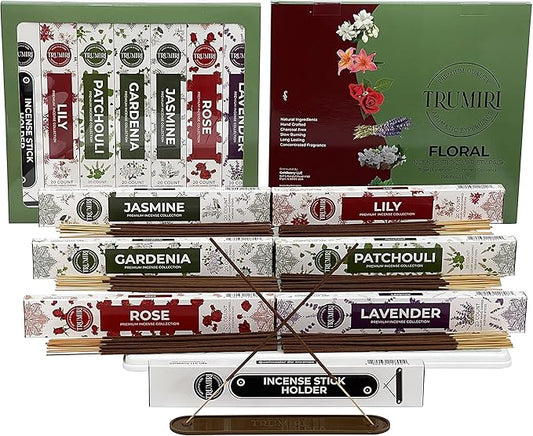 Floral Incense Sticks Variety Pack - 120 Insence-Sticks (6 Incents x 20 Insense) - Rose Lavender Jasmine Patchouli Gardenia Lily - Natural Inscents-Sticks Non Toxic Incienso with Stick Incense Holder