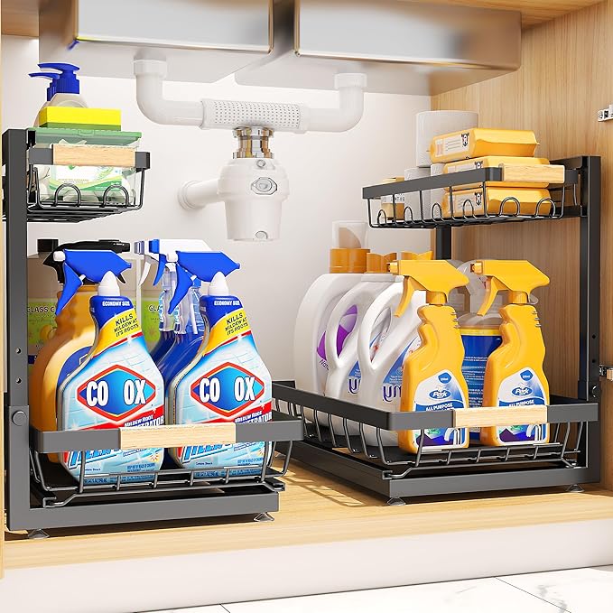 2 Packs Under Sink Organizer, Height Adjustable 2 Tier Under Kitchen Sink Organizer, Multi-Purpose Storage Shelf for Kitchen Bathroom Cabinet (Black)