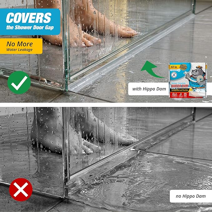 Shower Threshold Water Dam Barrier 67" - Transparent Collapsible Walk in Shower Water Guard - Door Bottom Seal Strip Leak Guard by Hippo Dam