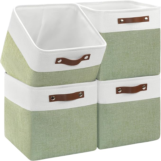 Patvingot 4-Pack Foldable Fabric Storage Cubes 11x11 Inch, Sturdy Cube Organizer Bins with Leather Handles, Storage Baskets for Closet Shelves and Home Organization (White/Green)