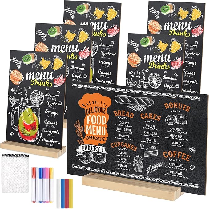 6 Packs Small Chalkboard Sign 5.1x7.9 Inch With Wood Base Double-Sided Message Boards Menu Stand for Kitchen Wedding Bar and Restaurant