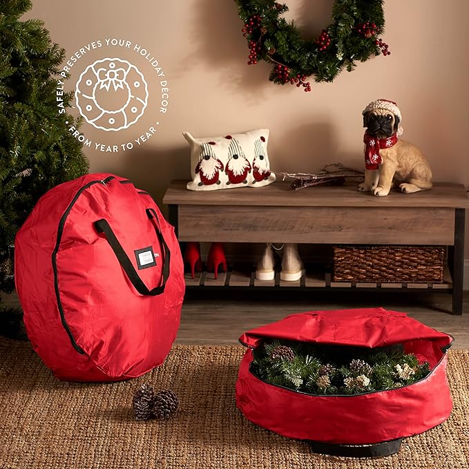ZOBER 2 Pack Oxford Christmas Wreath Storage Container 24 Inch - Wreath Bag for Artificial Wreaths Box - Waterproof Fabric, Dual Zippered Wreaths Storage Bag With Strong Durable Handles - Red