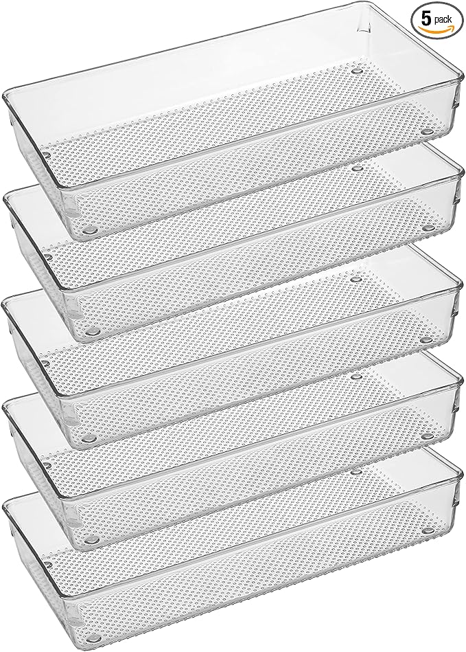 ihomecooker 5 Pack Clear Plastic Drawer Organizer Tray Cutlery Utensil Makeups Drawer Silverware Organizers 12" X 6"