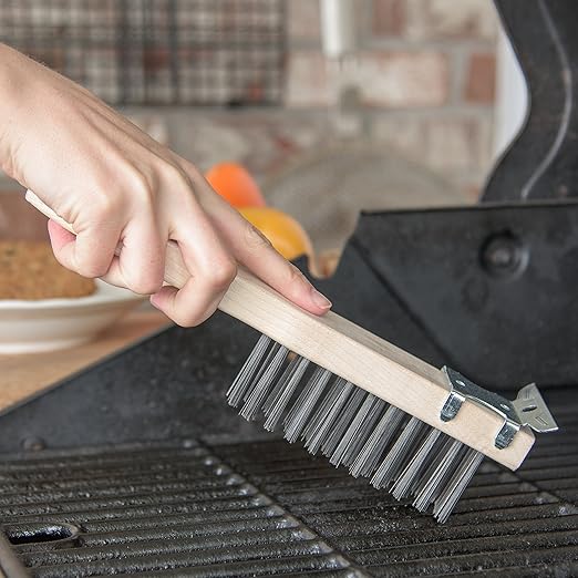 Carlisle FoodService Products 4577900 Heavy Duty Wood Handle Scratch Brush with Scraper, Carbon Steel Bristles, 11" x 2.5"