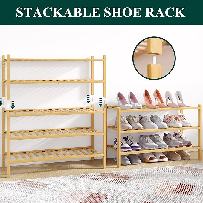 Smiry Bamboo Shoe Rack for Closet, 2 Tier Wooden Stackable Shoe Organizer, Free Standing Shoes Storage Shelf for Entryway, Front Door Entrance, Natural