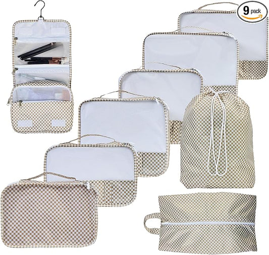 Foxy Traveler 9 Set Packing Cubes - Suitcase Organizer, Cute Packing Cubes, Travel Bags Organizer for Luggage with Hanging Toiletry and Shoe Bag, Travel Essentials for Women, Men and Kids -Gingham