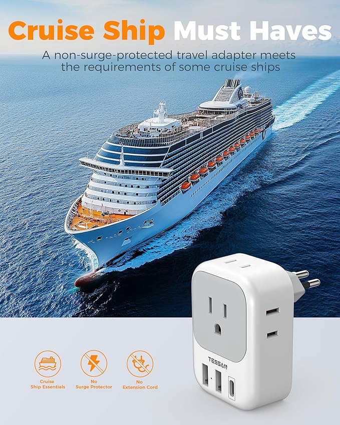 TESSAN Brazil Plug Adapter 2 Pack, 7-in-1 US to Brazil Power Adapter with 3 USB Ports (1 USB-C PD 20W Port), 4 American Outlets, Type N Travel Adapter for USA to Brazilian