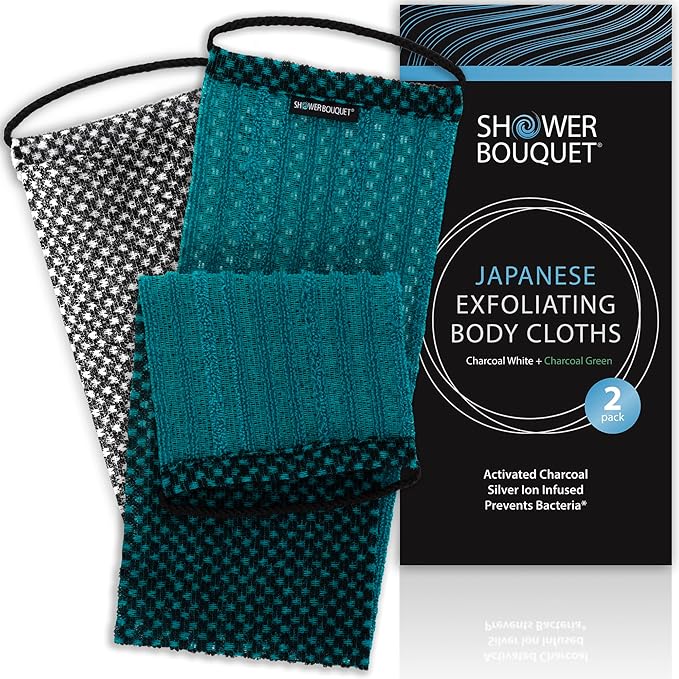 Japanese Exfoliating Washcloth for Back & Body 2-Pack - Charcoal & Silver Ion Exfoliating Towel with Handles - Two-Sided Gentle Exfoliation & Deep Cleanse Body Wash Cloths for Shower - 1 White 1 Green