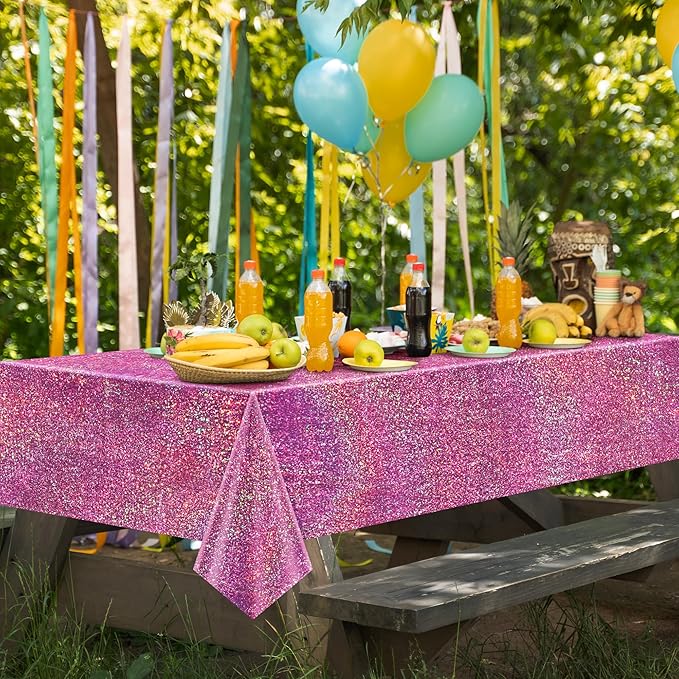 Just Shimmer Sparkling Holographic Laser Tablecloth - Shimmering, Waterproof, Easy to Clean - Ideal for Bachelorette, Birthday, Wedding, and Anniversary Party Decorations (Pink & Light Blue, 2)