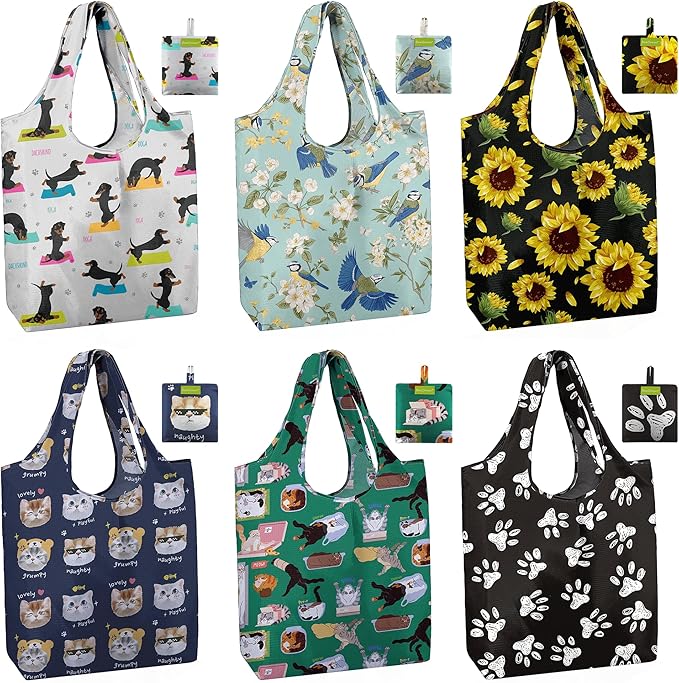BeeGreen Animal Reusable Shopping Bags Cute Grocery Bag 6 Pack, Christmas Gift Bags Heavy-Duty Foldable Shopping Totes for Supermarket, Work & Travel, Large Washable Polyester Tote Bag with Handles