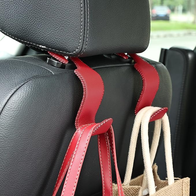 Amooca Car Seat Headrest Hook, Universal Vehicle Storage Hanger, Leather with Metal Car Seat Back Organizer for Handbag, Purse, Coat, Wine, 2 Pack