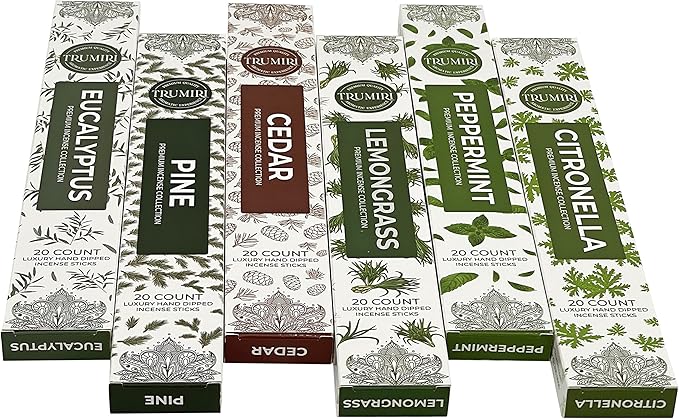 Leafy Incense Sticks Variety Pack - 120 Insence-Sticks (6 Incents x 20 Insense) - Citronella Lemongrass Eucalyptus Peppermint Pine Cedar - Natural Inscents-Sticks Non Toxic Inciensos + Incense Holder