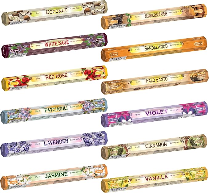 Tulasi Incense Sticks Pack of 12 Natural Scent (240 sticks) Variety Fragrance of Coconut, White Sage, Red Rose, Palo Santo Lavender & Cinnamon etc, Ideal For Meditation & Positive Vibes, Thanks Giving