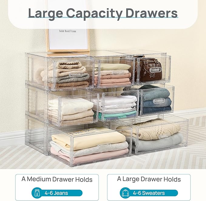 Vtopmart 4 Pack 18QT Clear Stackable Storage Drawers,Easily Assemble Closet Organizers,Plastic Storage Bins for Bathroom,Cabinet,Kitchen Pantry,Under Sink Organization(Medium)