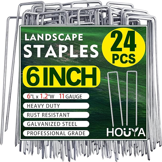 houya 24 PCS Landscape Staples 6 Inch Galvanized Garden Stakes Garden Staples Pins Anti-Rust Ground Stakes for Weed Barrier, Irrigation Hose, Yard Lawn SOD, Landscape Fabric, Decor 6" L x1.2 W 24 pcs
