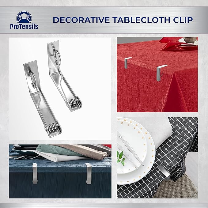 ProTensils 6 Pcs Picnic Tablecloth Clips for Outdoor Tables - Stainless Steel Clamps, Fits 2.3" Thick Tables, Metal Holders for Dining Table Cloth