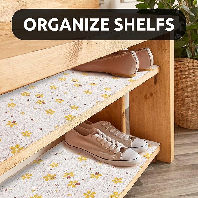 RAY STAR 18X96 Inch Shelf Liner for Kitchen Cabinets, Non-Adhesive Cabinet Liner Washable, PVC Drawer Liner for Dresser Non-Slip Bathroom (Yellow-Floral)(4 Roll)