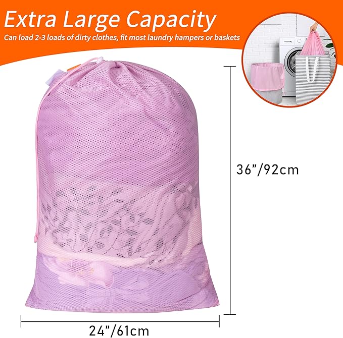 Polecasa Heavy Duty Large Mesh Laundry Bags with ID Tag and Locking Drawstring Closure - 2 Pack, 24 x 36 inches - Laundry Hamper Liner, Washable Laundry Bag for Travel, Sports, Dorms (Pink)