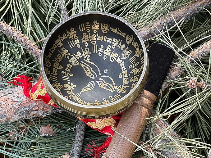 Tibetan Singing Bowl Set - 4" Easy To Play Authentic Handmade For Meditation Sound 7 Chakra Healing By Himalayan Bazaar (Black & Red)