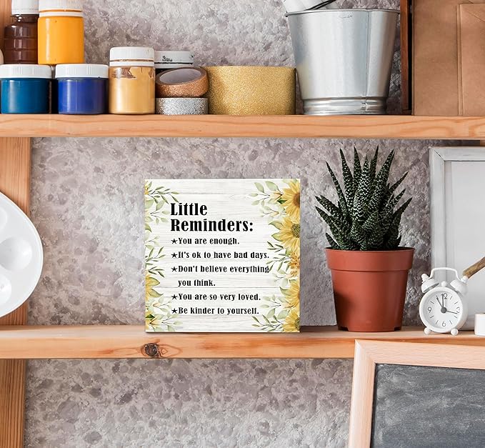 SRADMO Inspirational Little Reminders Wood Box Sign Desk Decor, Inspirational Desk Decor, College Motivational Positive Affirmation Gifts Box Sign For Office Home Dorm Tabletop Decoration(Yellow)