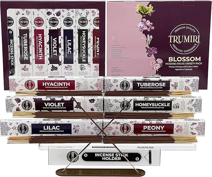 Blossom Incense Sticks Variety Pack - 120 Insence-Sticks (6 Incents x 20 Insense) - Peony Honeysuckle Lilac Violet Hyacinth Tuberose - Natural Inscents-Sticks Non Toxic Incienso + Stick Incense Holder