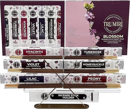 Blossom Incense Sticks Variety Pack - 120 Insence-Sticks (6 Incents x 20 Insense) - Peony Honeysuckle Lilac Violet Hyacinth Tuberose - Natural Inscents-Sticks Non Toxic Incienso + Stick Incense Holder